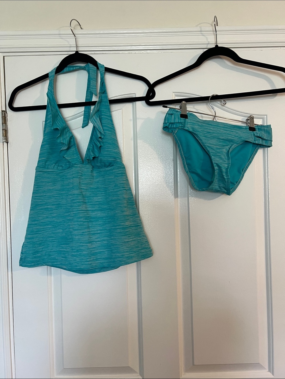 Mossimo Supply Co. Teal Heather Ruffle Halter Tankini with Bikini Bottoms